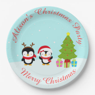 Cute Christmas Winter Penguins and Tree Paper Plate