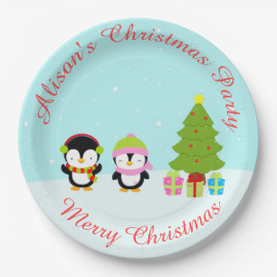 Cute Christmas Winter Penguins and Tree Paper Plate