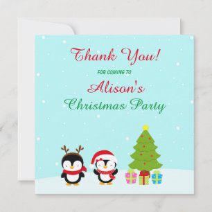 Cute Christmas Winter Penguins and Tree Thank You Card