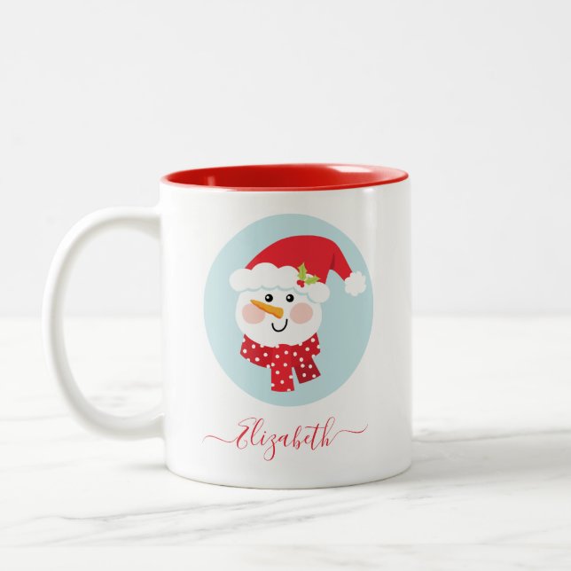 Cute Christmas Winter Snowman Face Two-Tone Coffee Two-Tone Coffee Mug (Left)