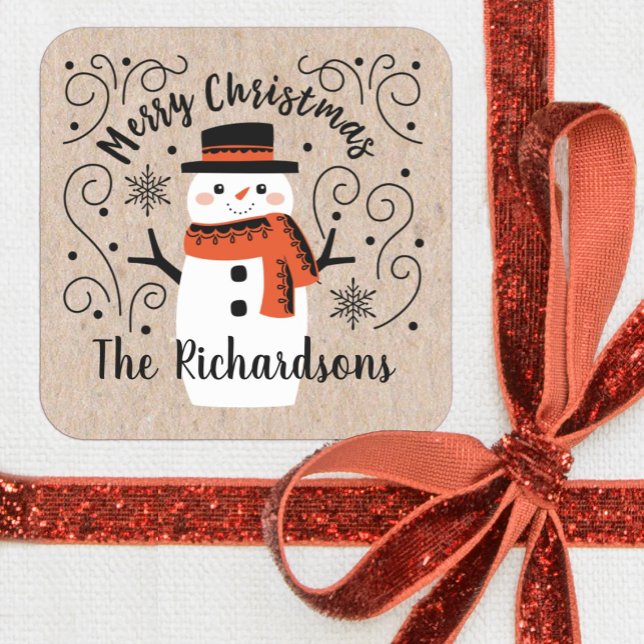 Cute Christmas Winter Snowman Square Sticker (A festive kraft Christmas sticker with a cute snowman. Perfect for decorating your holiday gifts.)