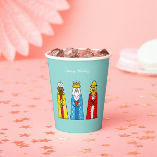 Cute Christmas Wise Men on Light Blue Paper Cups