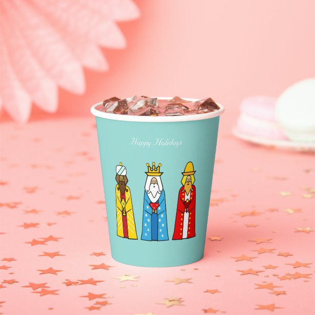 Cute Christmas Wise Men on Light Blue Paper Cups (Insitu)