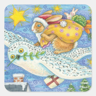 Cute Christmas with Rabbit as Santa Claus on Owl Square Sticker