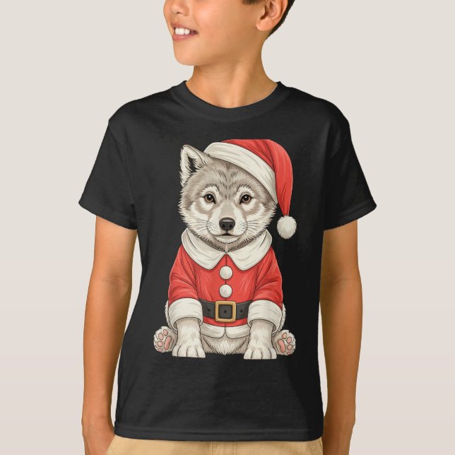 Cute Christmas Wolf Santa  T-Shirt (Front)