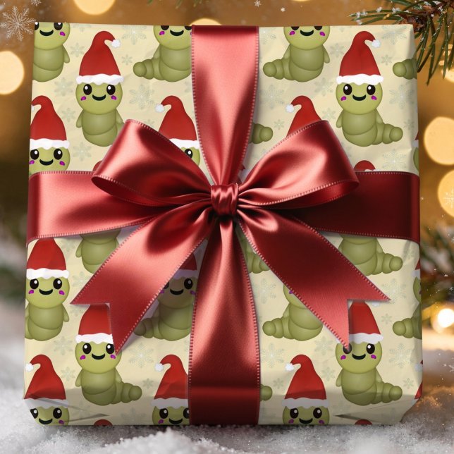 Cute Christmas Worms Hand Drawn Gift Wrapping Paper (I have drawn this little worm character to bring a touch of cuteness to your Christmas gifting.)