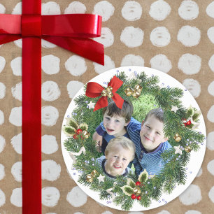 Cute Christmas Wreath Photo Drop In Holiday Classic Round Sticker