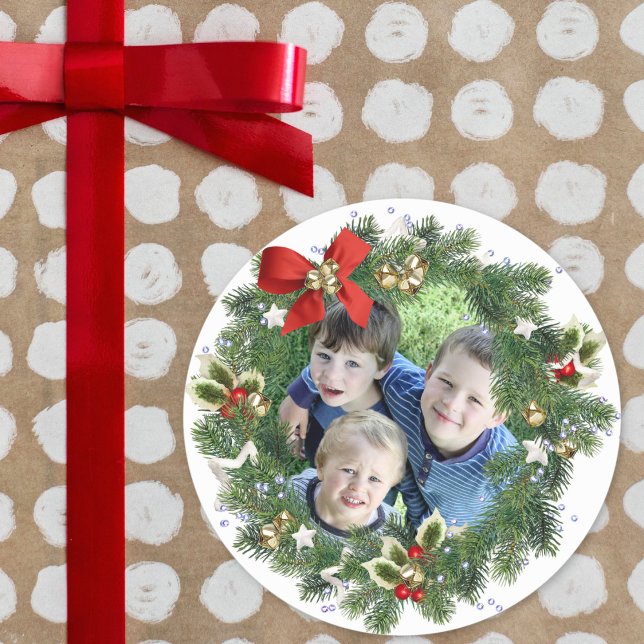 Cute Christmas Wreath Photo Drop In Holiday Classic Round Sticker (Creator Uploaded)