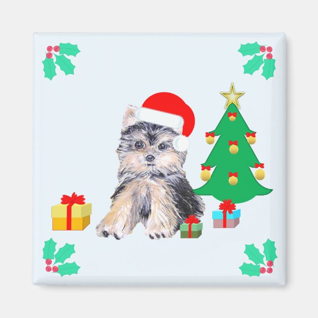 Cute Christmas Yorkshire Puppy Dog Magnet (Front)