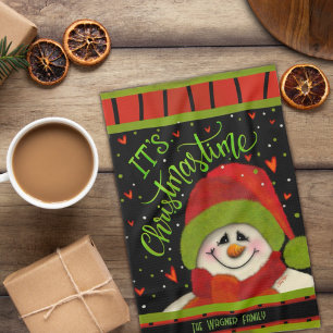 Cute Christmastime Snowman Red Green Personalized  Tea Towel