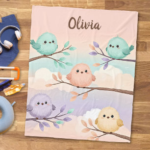 Cute Chubby Baby Birds on Branches Fleece Blanket
