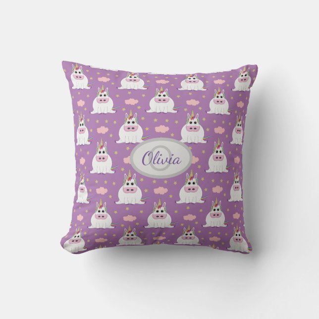 Cute chubby baby Unicorn pattern, monogram purple Cushion (Front)