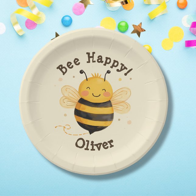 Cute Chubby Bumblebee "Bee Happy"  Paper Plate (Creator Uploaded)