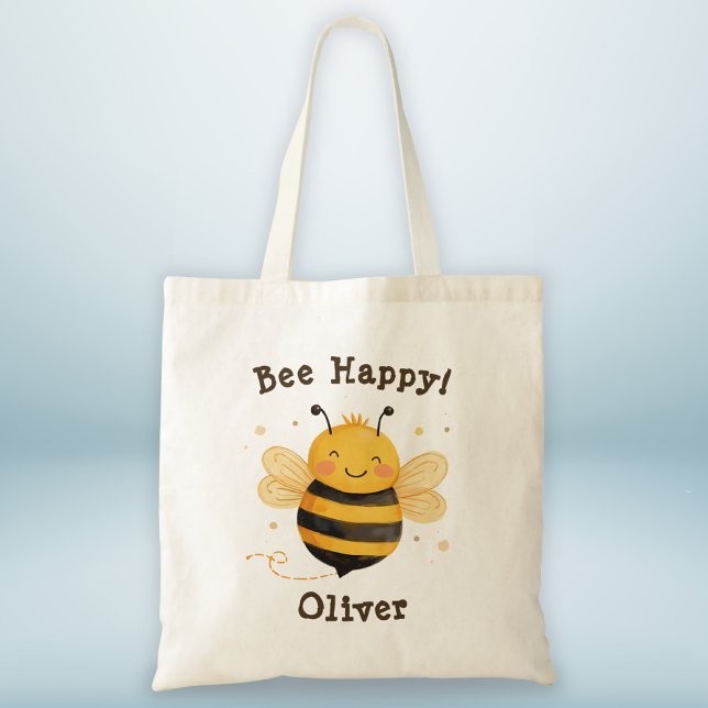 Cute Chubby Bumblebee "Bee Happy"  Tote Bag (Creator Uploaded)