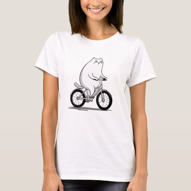 Cute Chubby Cat Riding a Bicycle Cartoon  T-Shirt (Front)