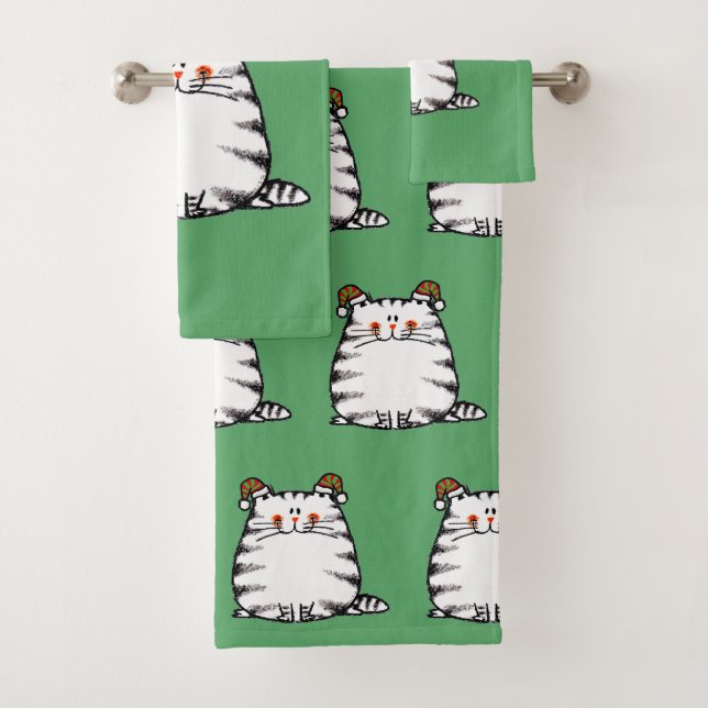 Cute Chubby Cat Two Christmas Hats Bath Towel Set (Insitu)