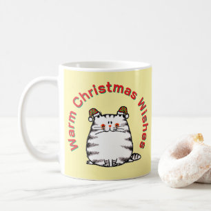 Cute Chubby Cat Two Christmas Hats Warm Wishes Coffee Mug
