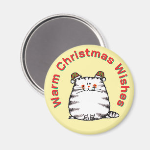 Cute Chubby Cat Two Christmas Hats Warm Wishes Magnet
