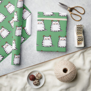 Cute Chubby Cat Two Christmas Hats Wrapping Paper