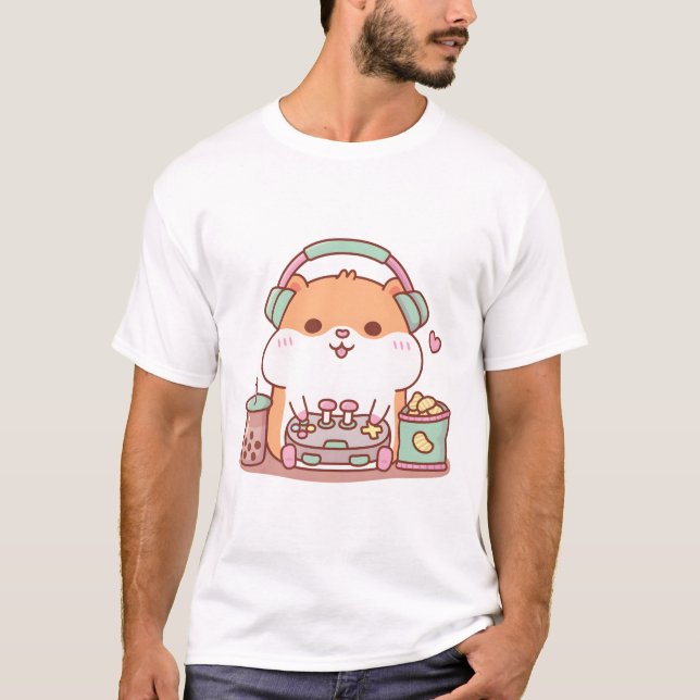 Cute Chubby Hamster Gamer Playing Video Games T-Shirt (Front)