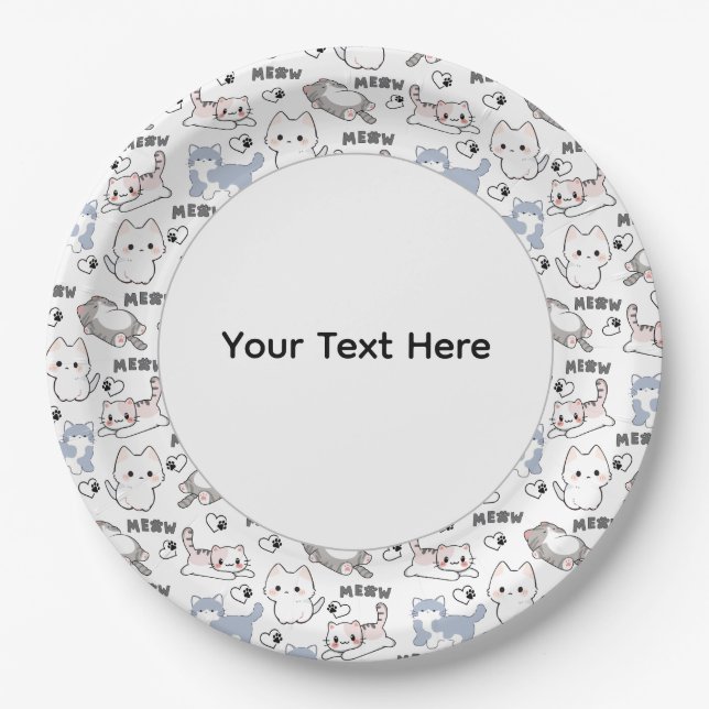 Cute Chubby Kittens and Meow Hearts Paper Plate (Front)