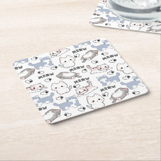 Cute Chubby Kittens and Meow Hearts Square Paper Coaster