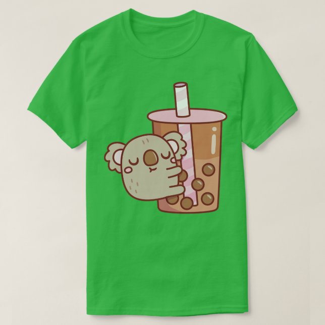 Cute Chubby Koala Hugging Bubble Tea Cup T-Shirt (Design Front)