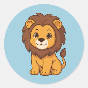 Cute Chubby Lion on Blue Classic Round Sticker