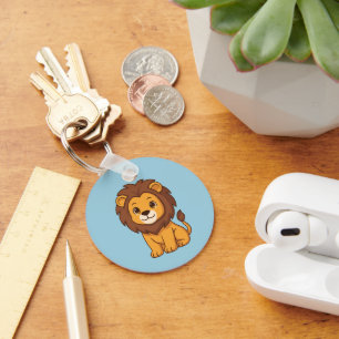 Cute Chubby Lion on Blue Key Ring