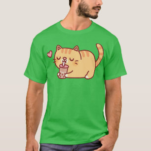Cute Chubby Orange Tabby Cat Loves Boba Tea T-Shirt