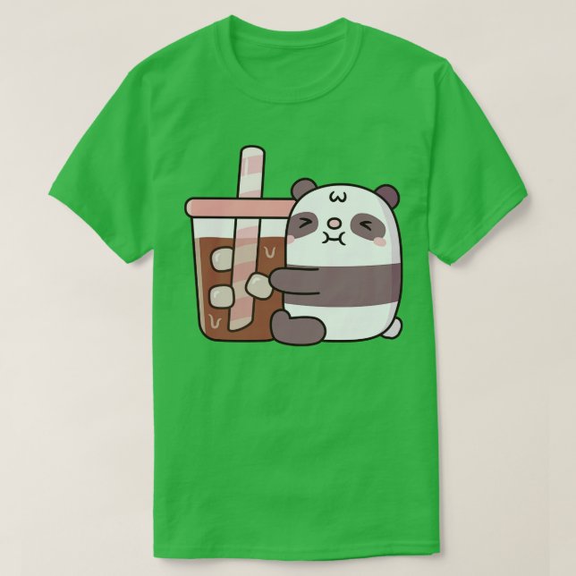 Cute Chubby Panda Bear Hugging Iced Coffee T-Shirt (Design Front)