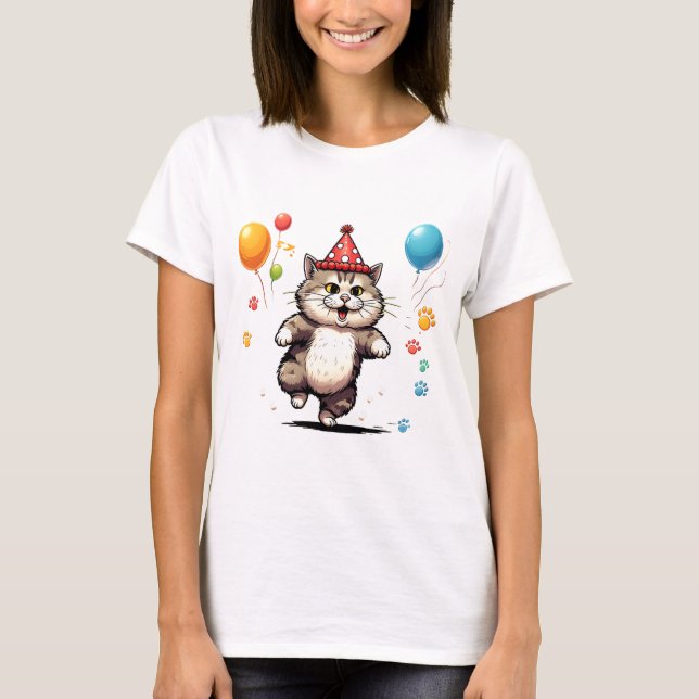 Cute Chubby Party Cat Fun & Playful Cartoon Kitty  T-Shirt (Front)