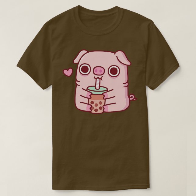 Cute Chubby Piggy Loves Drinking Bubble Tea T-Shirt (Design Front)