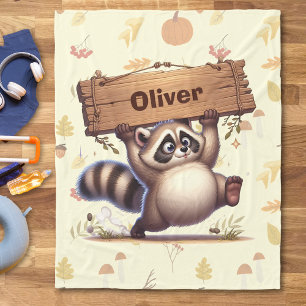 Cute Chubby Racoon with Wooden Name Plate Fleece Blanket