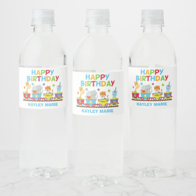 Cute Circus Animal Train Kids Birthday Party Water Bottle Label (Bottles)