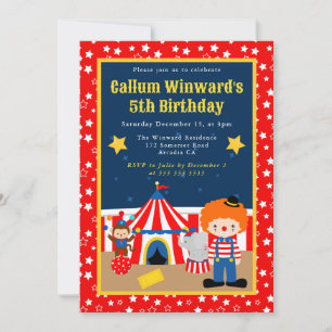 Cute Circus Boy Clown Kids Birthday  Invitation