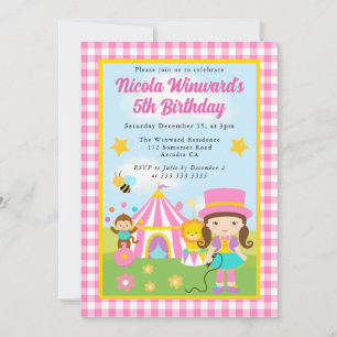 Cute Circus Brunette Girl Trainer Kids Birthday  Invitation