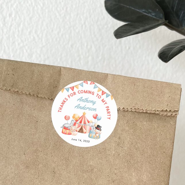 Cute Circus Carnival Fiesta 1st Birthday Thank You Classic Round Sticker (Creator Uploaded)