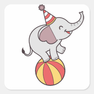 Cute Circus Elephant on Ball – Birthday Party Illu Square Sticker