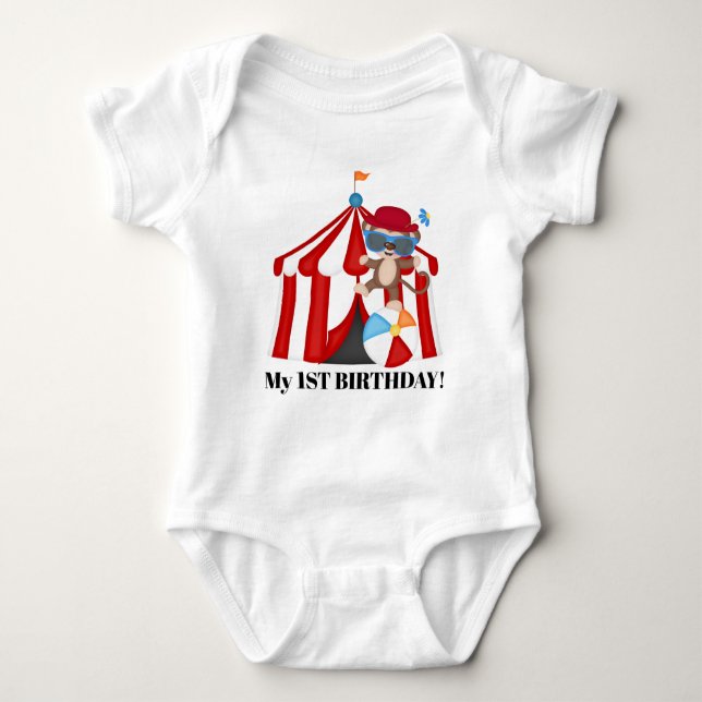 Cute Circus monkey unisex first birthday bodysuit (Front)