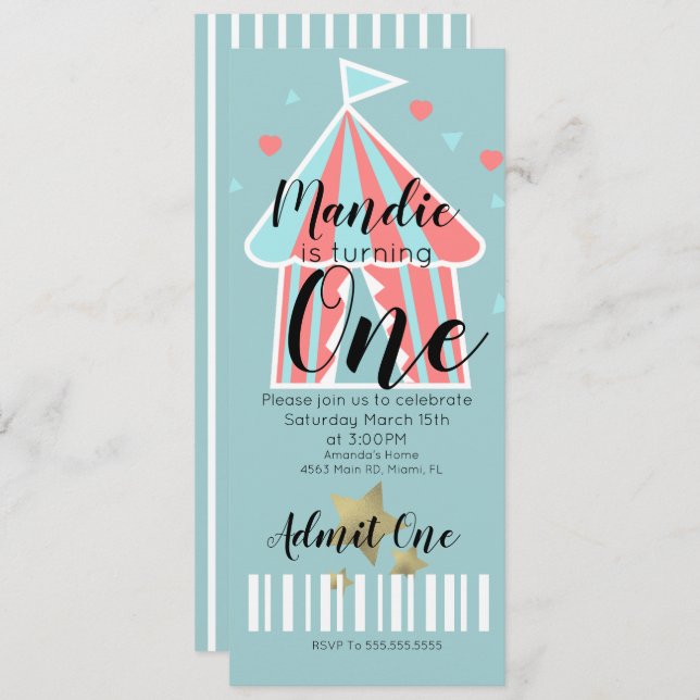 Cute Circus Tent First Birthday  Ticket Invitation (Front/Back)