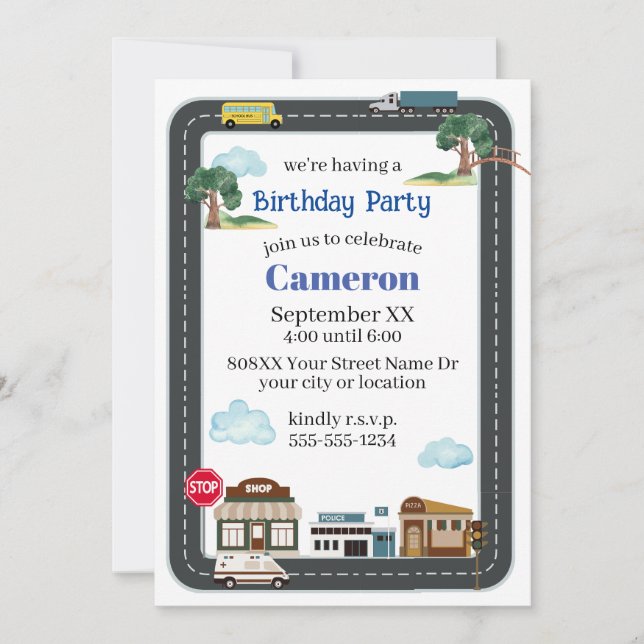 Cute City Scene Transportation Road Invitation (Front)