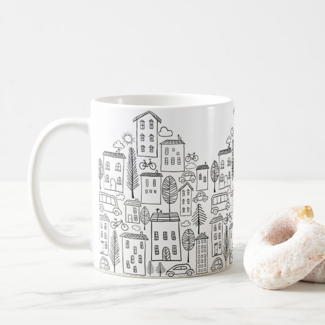Cute City Urban Doodle Art Coffee Mug (With Donut)