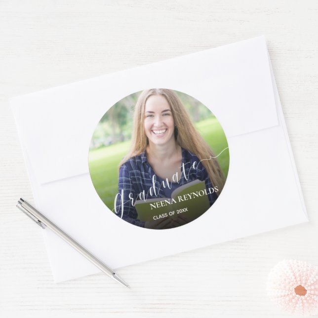 Cute Class Of 2023 Photo Graduation Announcement   Classic Round Sticker (Envelope)