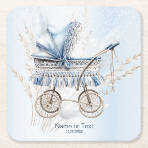 Cute Classic Baby Stroller Blue Floral Party Square Paper Coaster