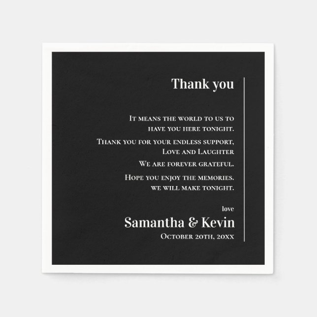 Cute Classic Black White Wedding Thank you Message Napkin (Front)