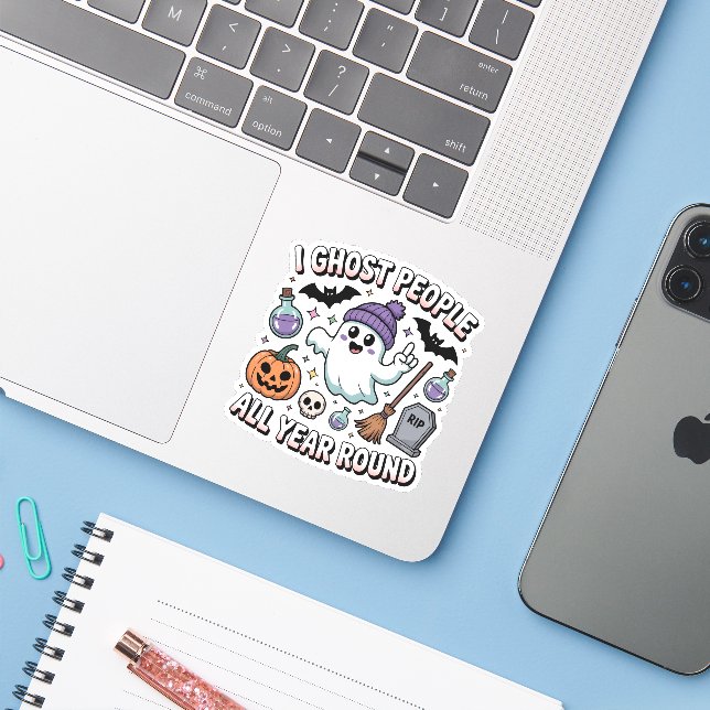Cute Classic Halloween Funny Ghost Quote Die-Cut (Laptop w/ iPhone)