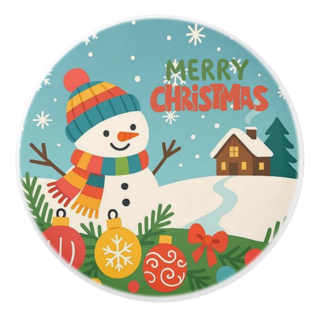 Cute, classic Merry Christmas snowman Ceramic Knob (Front)
