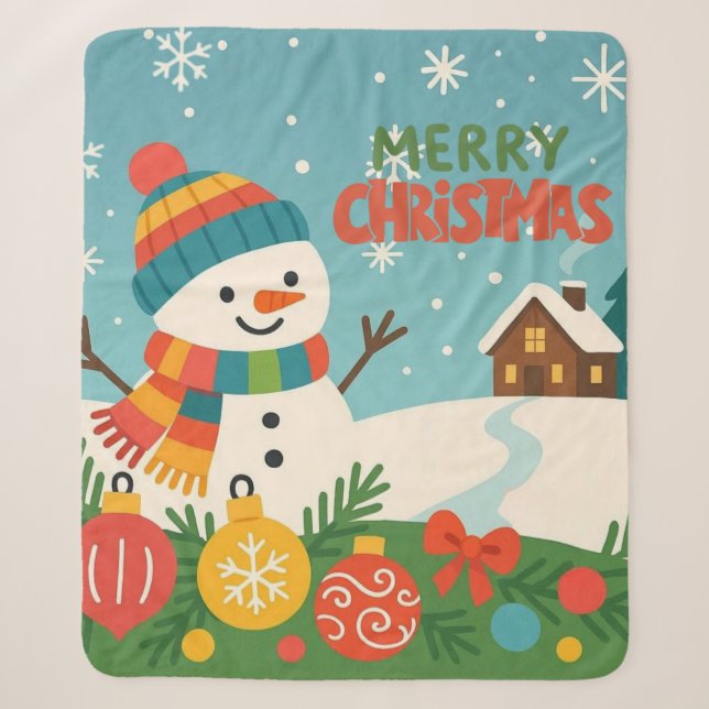 Cute, classic Merry Christmas snowman Sherpa Blanket (Front)