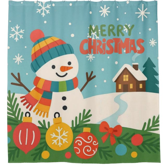 Cute, classic Merry Christmas snowman Shower Curtain (Front)